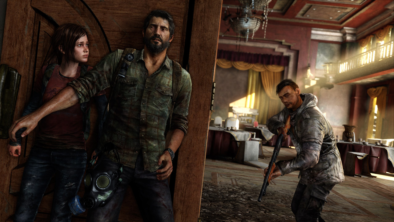 Screenshot of Joel, Ellie and an enemy in The Last of Us